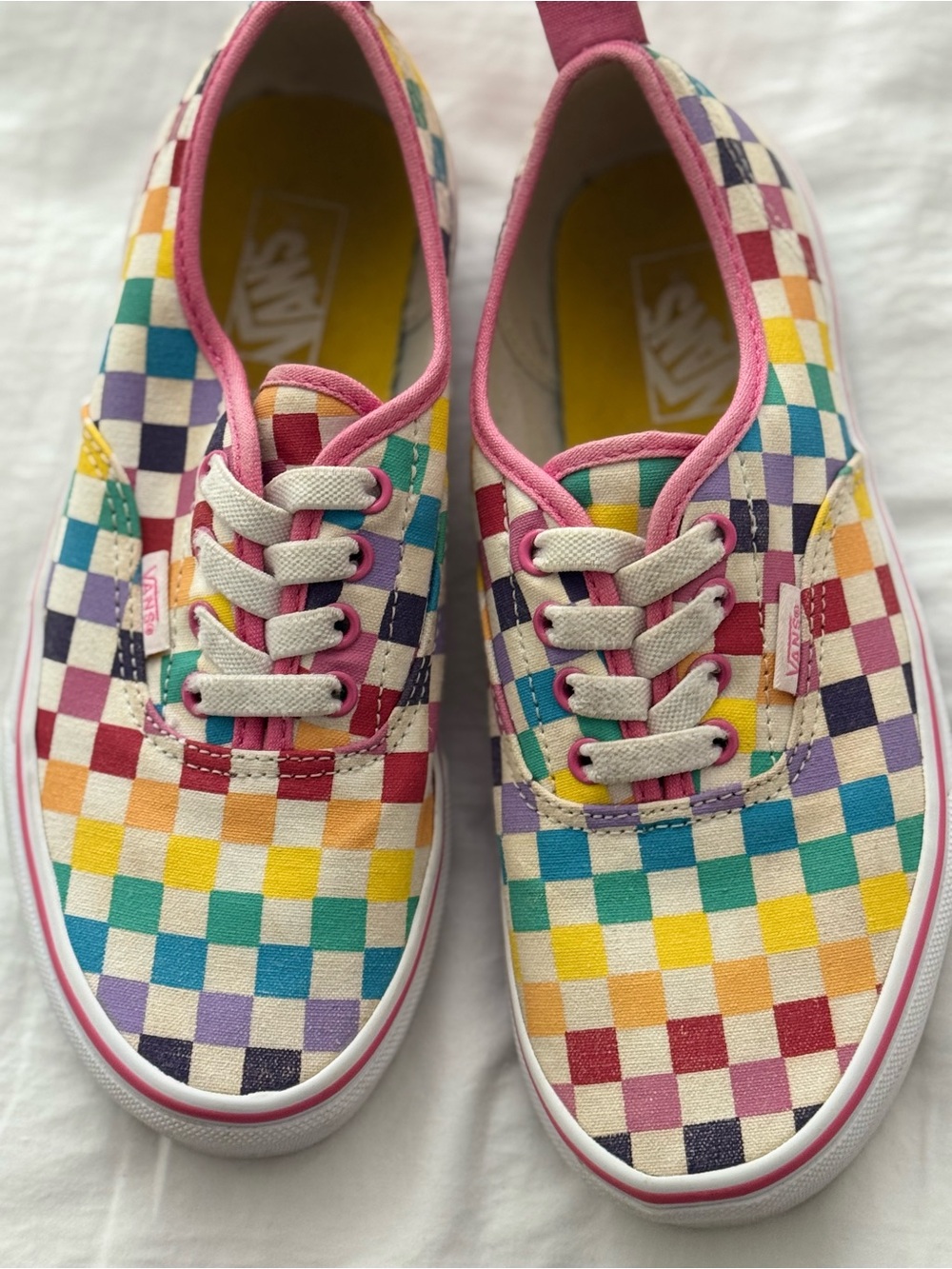 Vans Kids Rainbow Checkerboard Slip-On Sneakers with Pink Trim